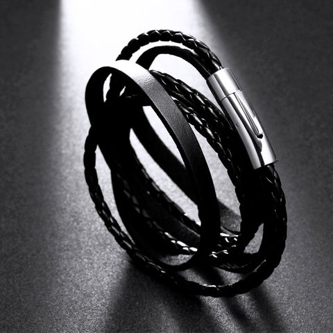 Importé - Bracelets Fashion 100% Cuir Tissés et Anneau Acier pour Hommes