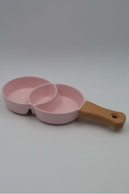 PLAT A APERITIF DOUBLE COUPELLE EN CERAMIQUE MANCHE EN BOIS