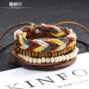 Importé - Bracelets Fashion En Fibres Tissés Cuir et Perles pour Hommes