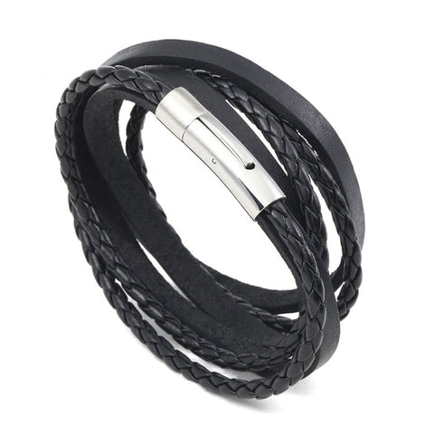 Importé - Bracelet Cuir Tissé Anneau Acier Mixte