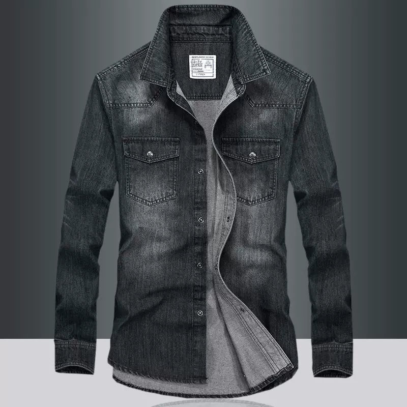 Importé - Chemise Jean Délavé Homme Rétro Manches Longues