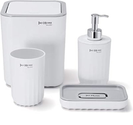 Accessoires sdb en plastique-4pcs-poubelle+accessoires-blanc-gris