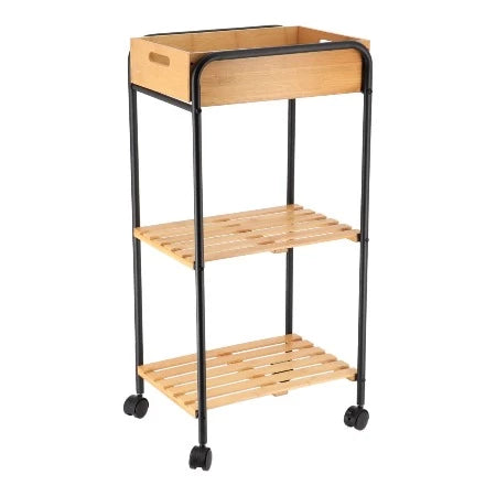DESSERTE DE SDB METAL/BAMBOU – 2ETAGERES/1 PANIER – NATUREL NOIR