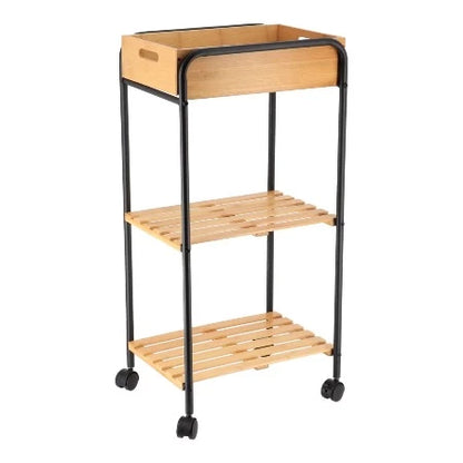DESSERTE DE SDB METAL/BAMBOU – 2ETAGERES/1 PANIER – NATUREL NOIR