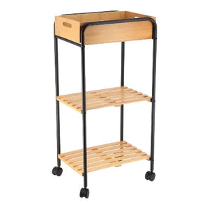 DESSERTE DE SDB METAL/BAMBOU – 2ETAGERES/1 PANIER – NATUREL NOIR