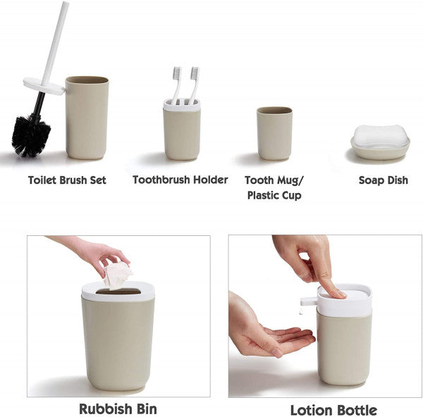 Ensemble d’accessoires de salle de bain 6 pièces en plastique Rose