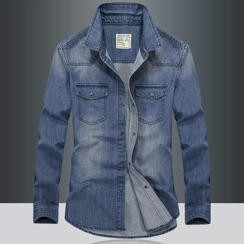 Importé - Chemise Jean Délavé Homme Rétro Manches Longues
