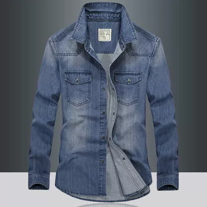 Importé - Chemise Jean Délavé Homme Rétro Manches Longues