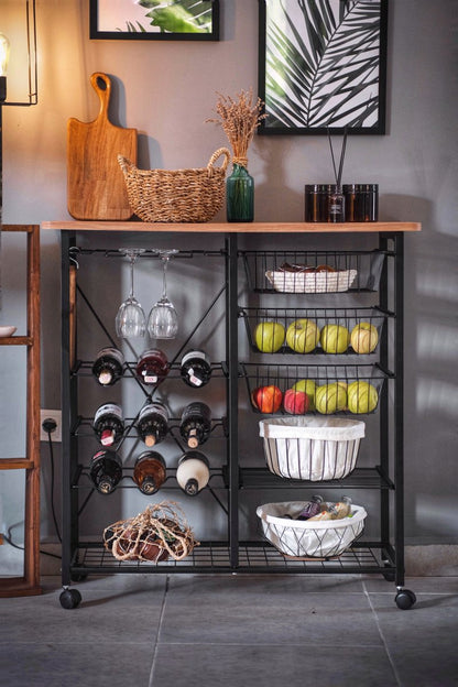 TABLE DE BAR EN METAL NOIR-PANIERS+PORTE BOUTEILLE