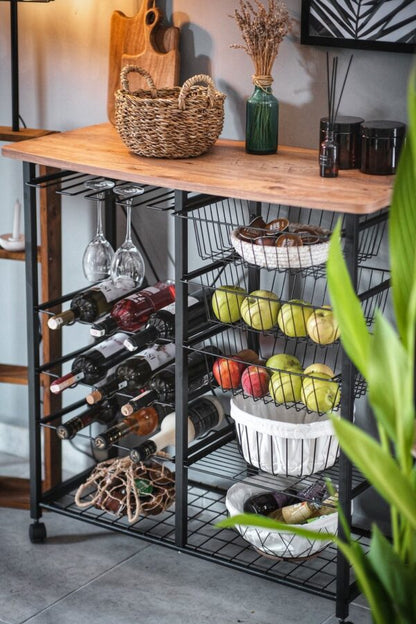 TABLE DE BAR EN METAL NOIR-PANIERS+PORTE BOUTEILLE