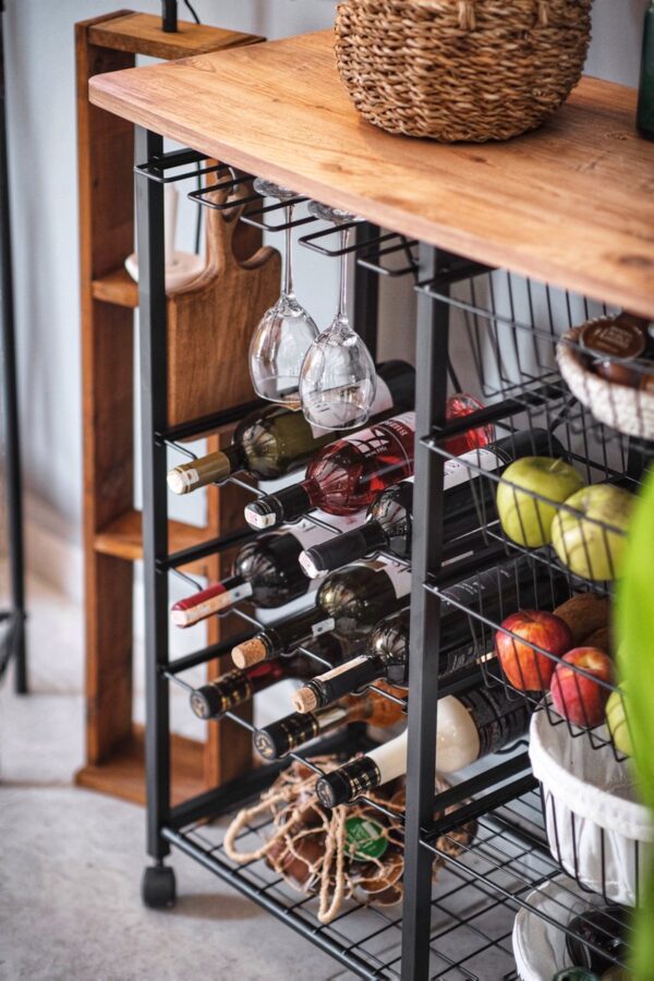 TABLE DE BAR EN METAL NOIR-PANIERS+PORTE BOUTEILLE