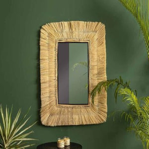 Miroir Mural Rect-81×2-113cm-Cadre en Fibre Naturelle-Noir