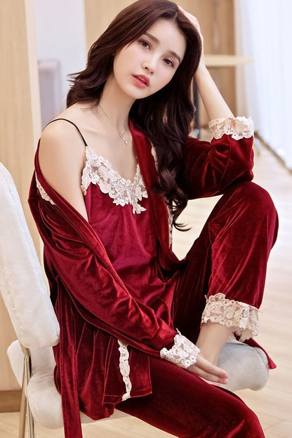 Importe - Pyjamas Sexy Femme Nuisette 3 Pièces En Velours Doré