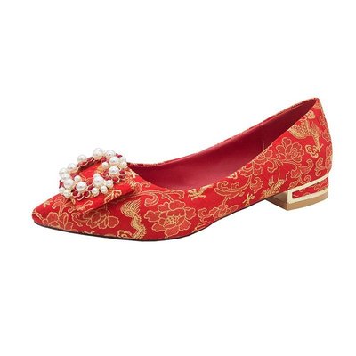 Importé -  Chaussure Femme A Haut Talon - Rouge Broderie