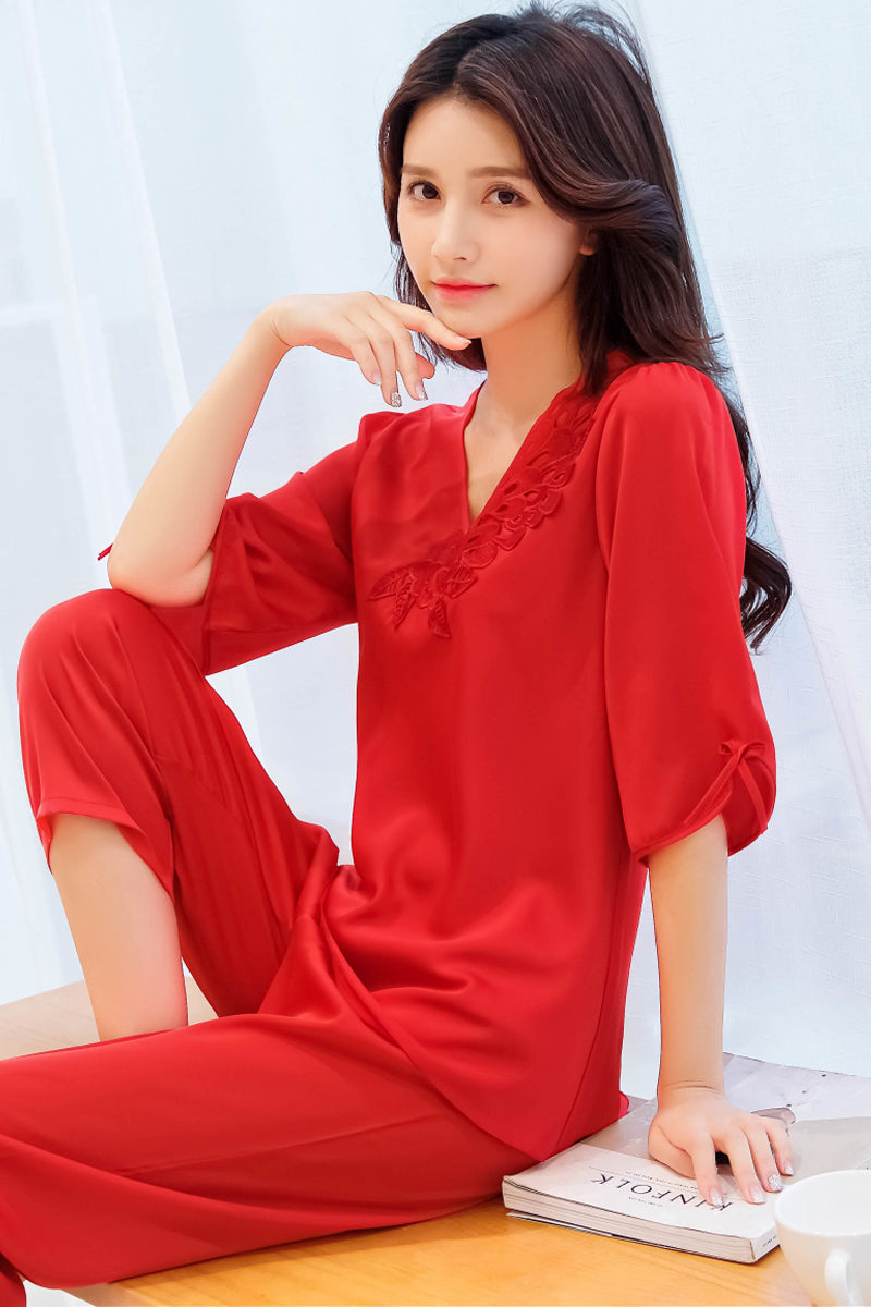 Importe - Ensemble Pyjamas Femme Nuisette Manches Coutres En Soie