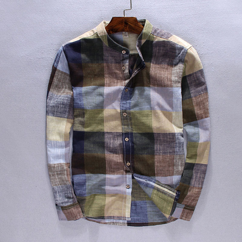 Importé - Chemise Homme Pur Lin Carreau Manche Longue