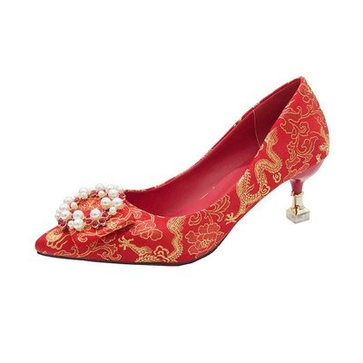 Importé -  Chaussure Femme A Haut Talon - Rouge Broderie