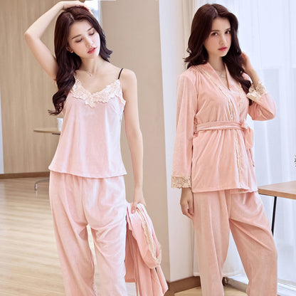 Importe - Pyjamas Sexy Femme Nuisette 3 Pièces En Velours Doré