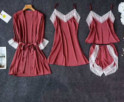 Importe - Ensemble Pyjama Sexy A Bretelles Femme 4 Pièces En Dentelle