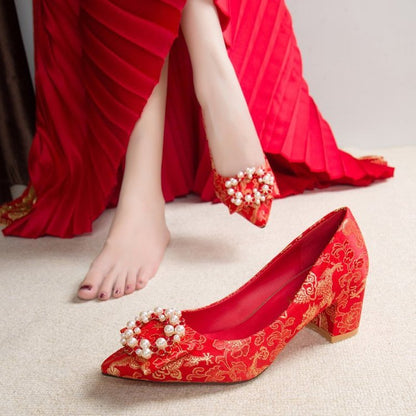 Importé -  Chaussure Femme A Haut Talon - Rouge Broderie