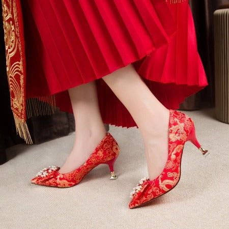 Importé -  Chaussure Femme A Haut Talon - Rouge Broderie