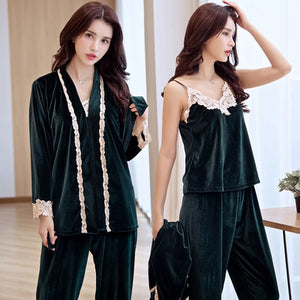 Importe - Pyjamas Sexy Femme Nuisette 3 Pièces En Velours Doré