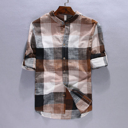 Importé - Chemise Homme Pur Lin Carreau Manche Longue