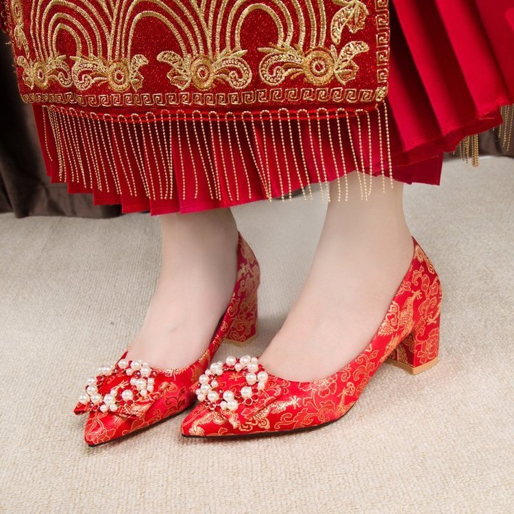 Importé -  Chaussure Femme A Haut Talon - Rouge Broderie