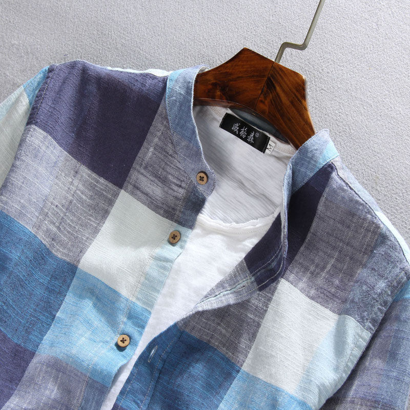 Importé - Chemise Homme Pur Lin Carreau Manche Longue