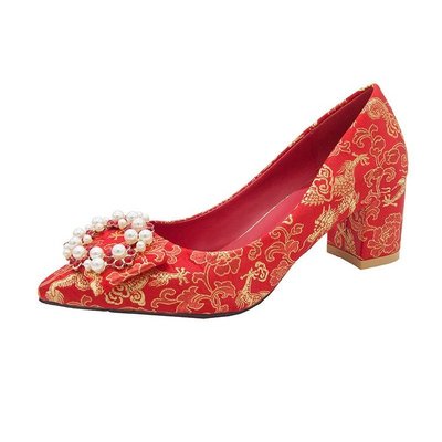 Importé -  Chaussure Femme A Haut Talon - Rouge Broderie