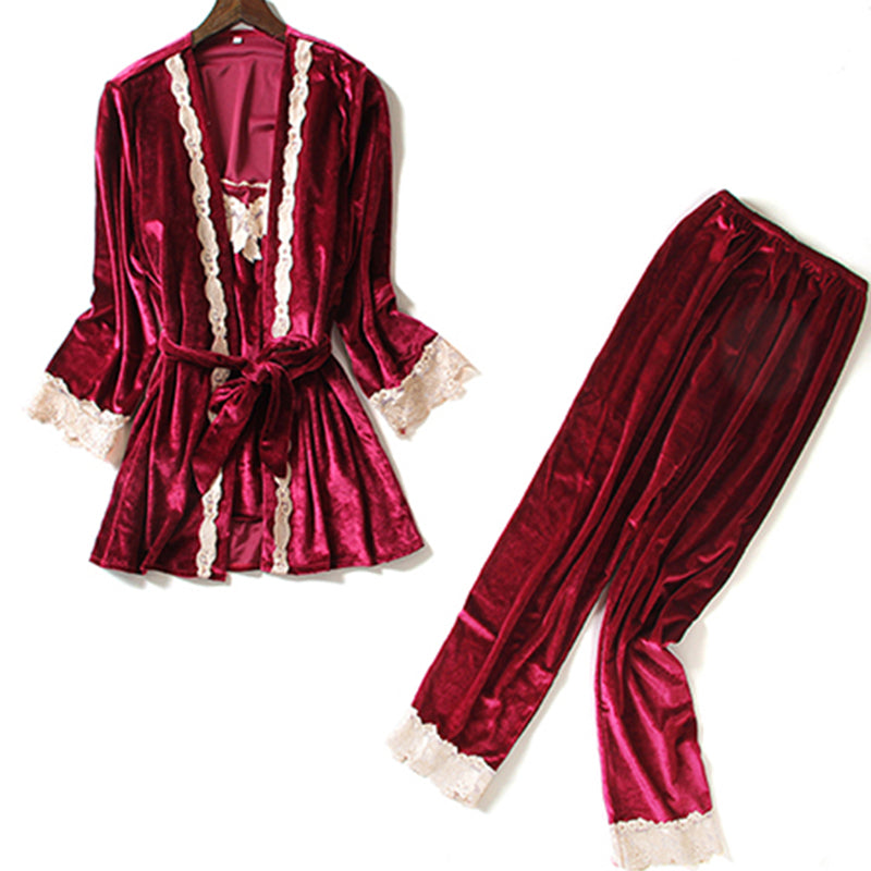 Importe - Pyjamas Sexy Femme Nuisette 3 Pièces En Velours Doré