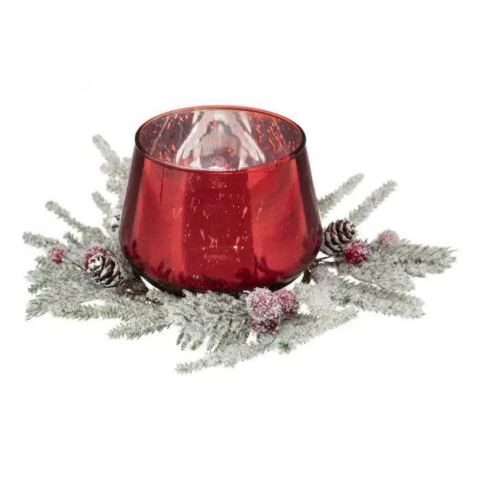 NOEL PHOTOPHORE EN VERRE DECO COURONNE ENNEIGEE-ROUGE