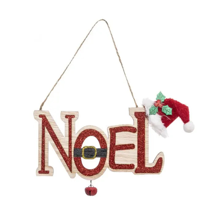 PANCARTE EN BOIS NOEL AVEC GRELOT A SUSPENDRE-ASST