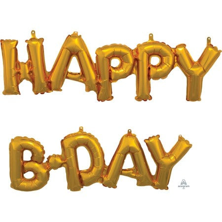 Ballon gonflable happy b.day doree-76x48cm+paille pour gonfler