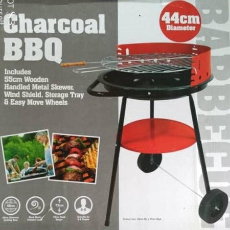 Barbecue a charbon en métal rond a roues 44x73cm rouge-noir