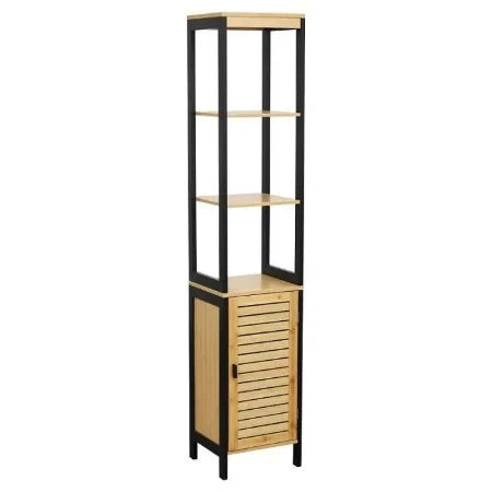 MEUBLE COLONNE DE SDB EN BAMBOU 1 PORTE/3 ETAGERES-173x34x30cm-NATUREL-NOIR