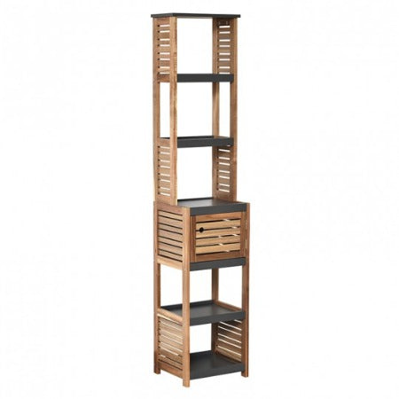 MEUBLE colonne de sdb en acacia 1 niche/5 étagères-170×38,5x30cm-naturel-noir