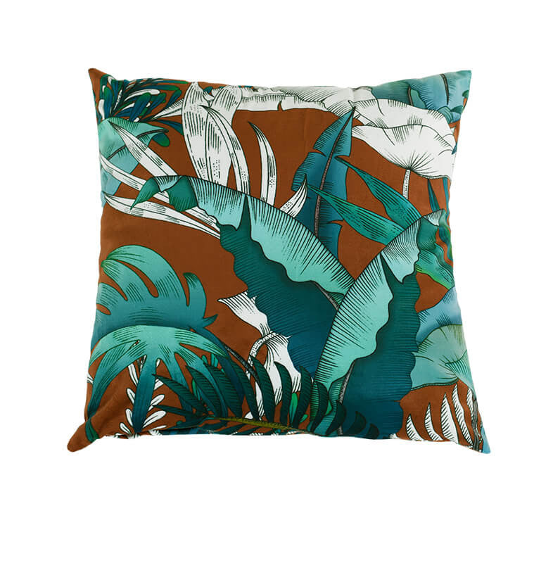 Coussin decoratif-45x45cm-motif feuille-marron-vert-blanc