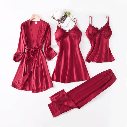 Importé - Ensemble Pyjamas Nuisette Femme 4 Pièces Manche Longue En Detelle