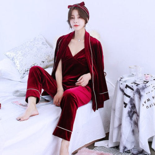 Importé - Ensemble Pyjamas Nuisette Femme 3 Pièces Manche Longue Col En V
