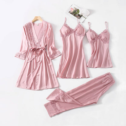 Importé - Ensemble Pyjamas Nuisette Femme 4 Pièces Manche Longue En Detelle