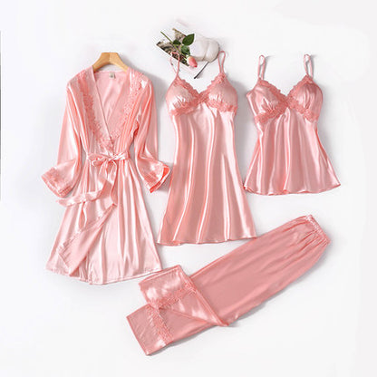 Importé - Ensemble Pyjamas Nuisette Femme 4 Pièces Manche Longue En Detelle