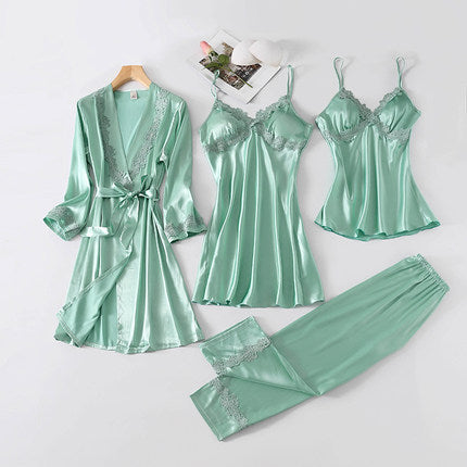Importé - Ensemble Pyjamas Nuisette Femme 4 Pièces Manche Longue En Detelle