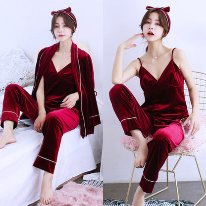 Importé - Ensemble Pyjamas Nuisette Femme 3 Pièces Manche Longue velours