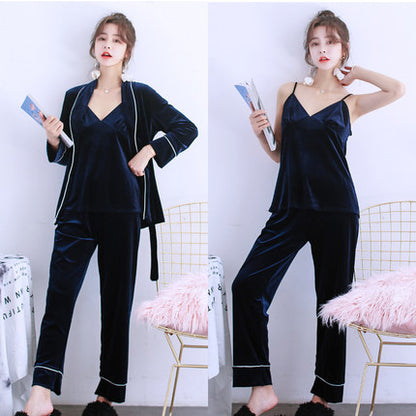 Importé - Ensemble Pyjamas Nuisette Femme 3 Pièces Manche Longue velours