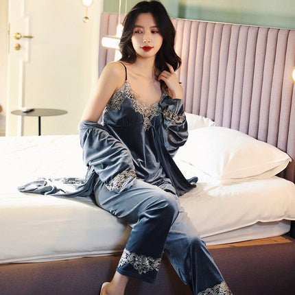 Importé - Ensemble Pyjamas Nuisette Femme 3 Pièces Manche Longue Col En V