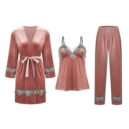 Importé - Ensemble Pyjamas Nuisette Femme 3 Pièces Manche Longue Col En V