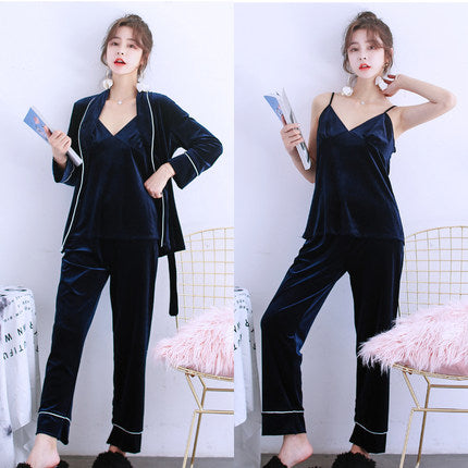Importé - Ensemble Pyjamas Nuisette Femme 3 Pièces Manche Longue velours