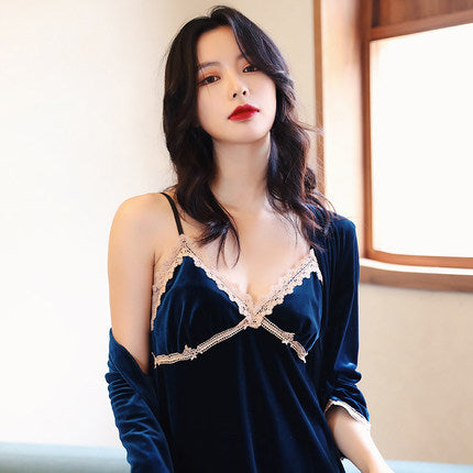 Importé - Ensemble Pyjamas Nuisette Femme 3 Pièces Manche Longue Col En V