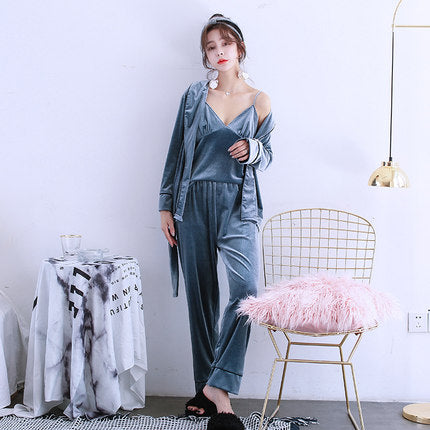 Importé - Ensemble Pyjamas Nuisette Femme 3 Pièces Manche Longue velours
